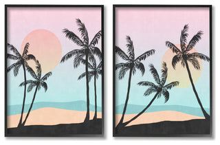 Tropical Sunset Sunrise Palm Tree Beach Illustration, 2pc, each 16 x 20