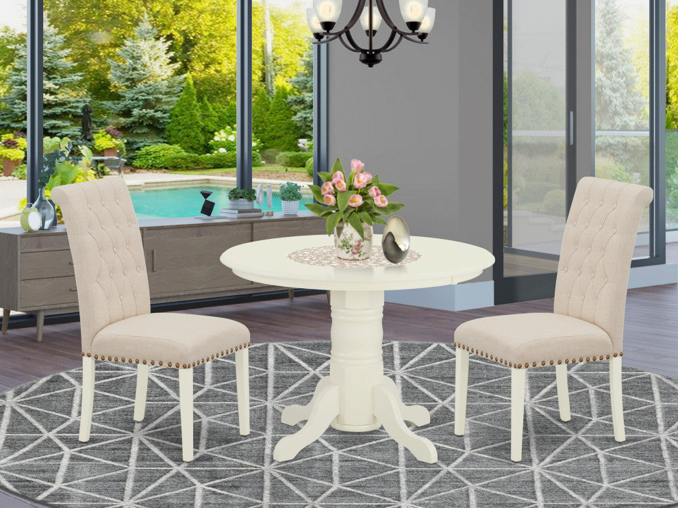 3Pc Dinette Set, Round Table, Two Parson Chairs, Light Beige Fabric, White