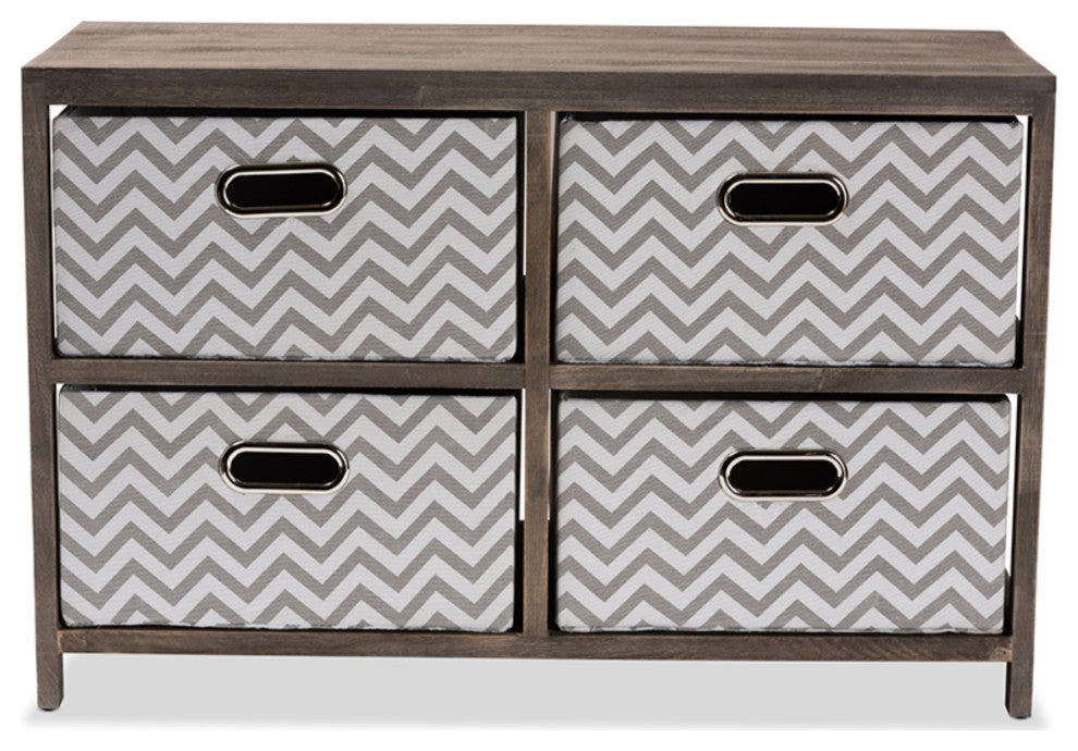 Jorah Gray And White Fabric Upholstered Graywashed Wood 4-Basket Storage Unit