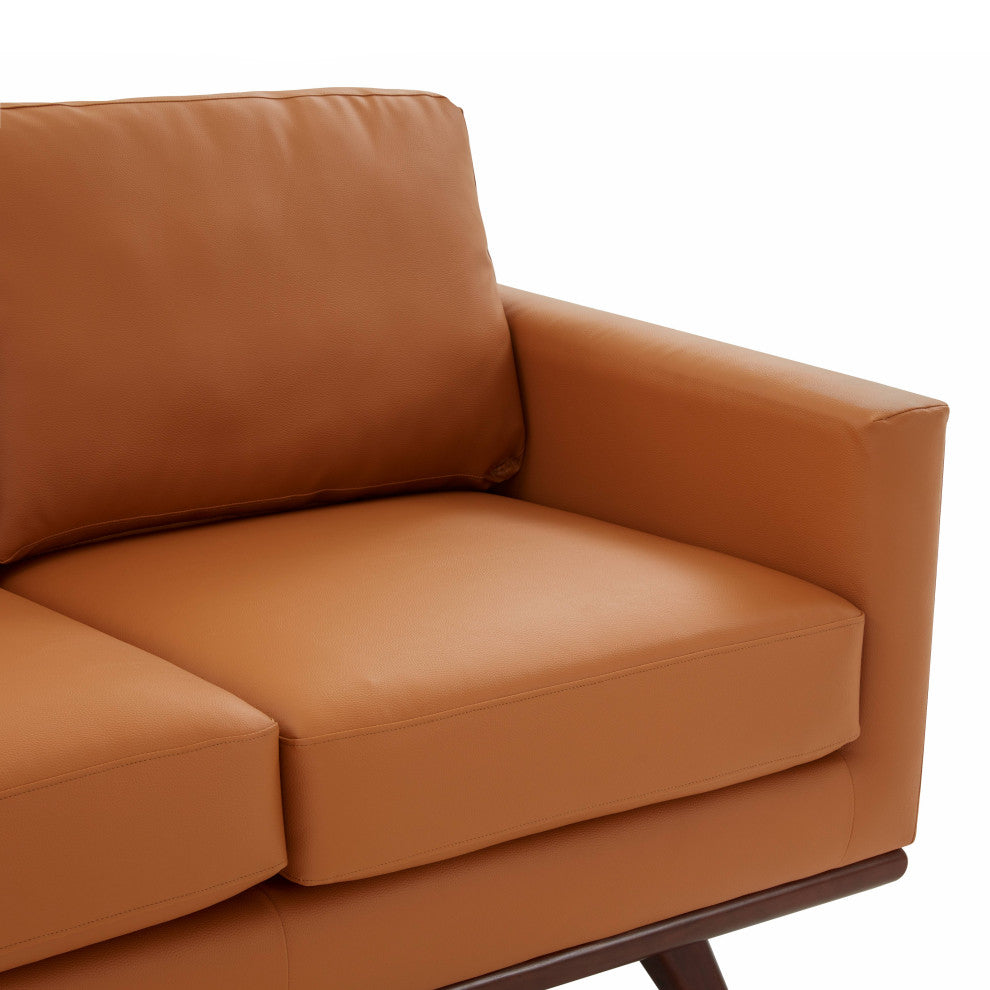 LeisureMod Chester Modern Leather Loveseat With Birch Wood Base, Cognac Tan