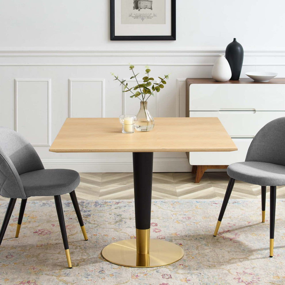 Dining Table, Square, Wood, Metal, Gold Brown Natural, Modern, Bistro Restaurant
