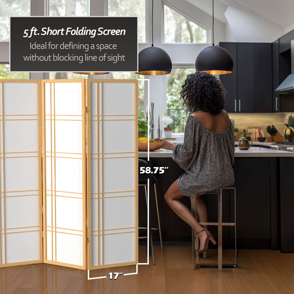 5' Tall Double Cross Shoji Screen, Natural, 3 Panels