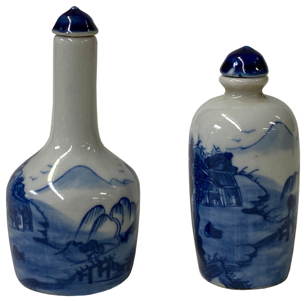 2 Piece Chinese Porcelain Snuff Bottle Blue White Scenery Graphic Hws2467