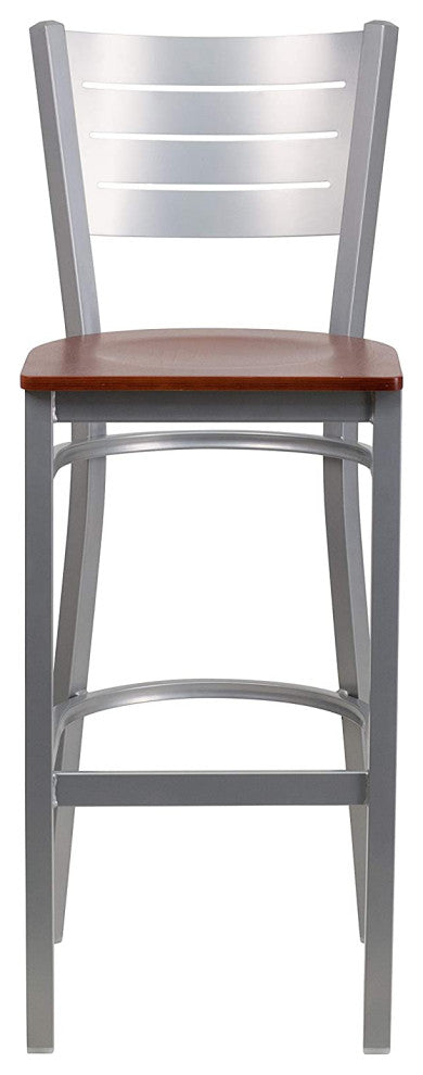 Set of 2 Bar Stool, Silver Metal Frame With Ladder Backrest, Cherry Wood Seat