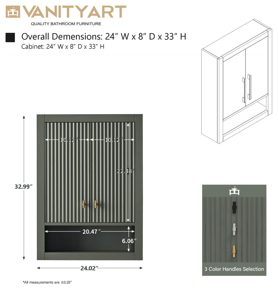 Vanity Art 24" Wall Mounted Bathroom Storage Cabinet, Linear Vintage Green, Matte Black Handle