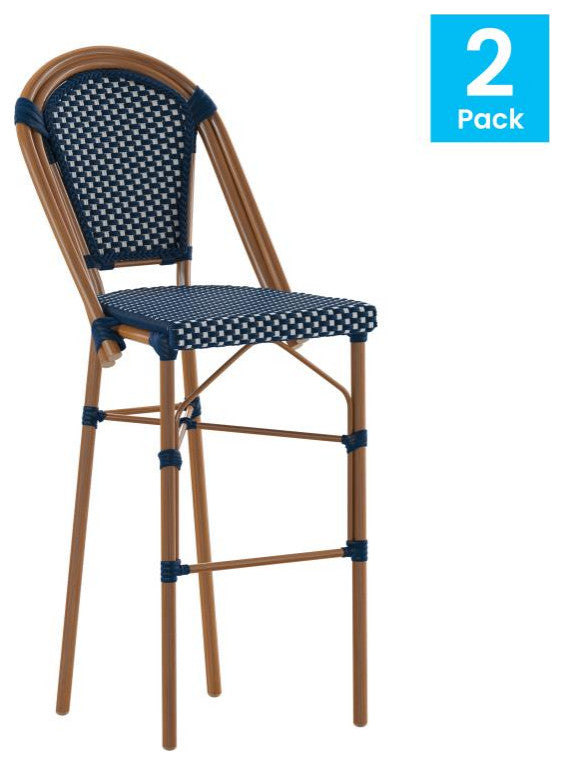 Set of 2 Stackable Indoor/Outdoor French Bistro 30" High Bar Stools, Navy & White/Natural Frame