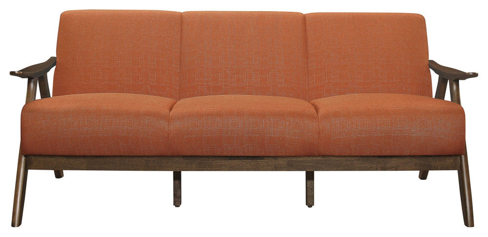 Retro Modern Sofa, Exposed Walnut Finished Frame & Cushioned Seat, Orange