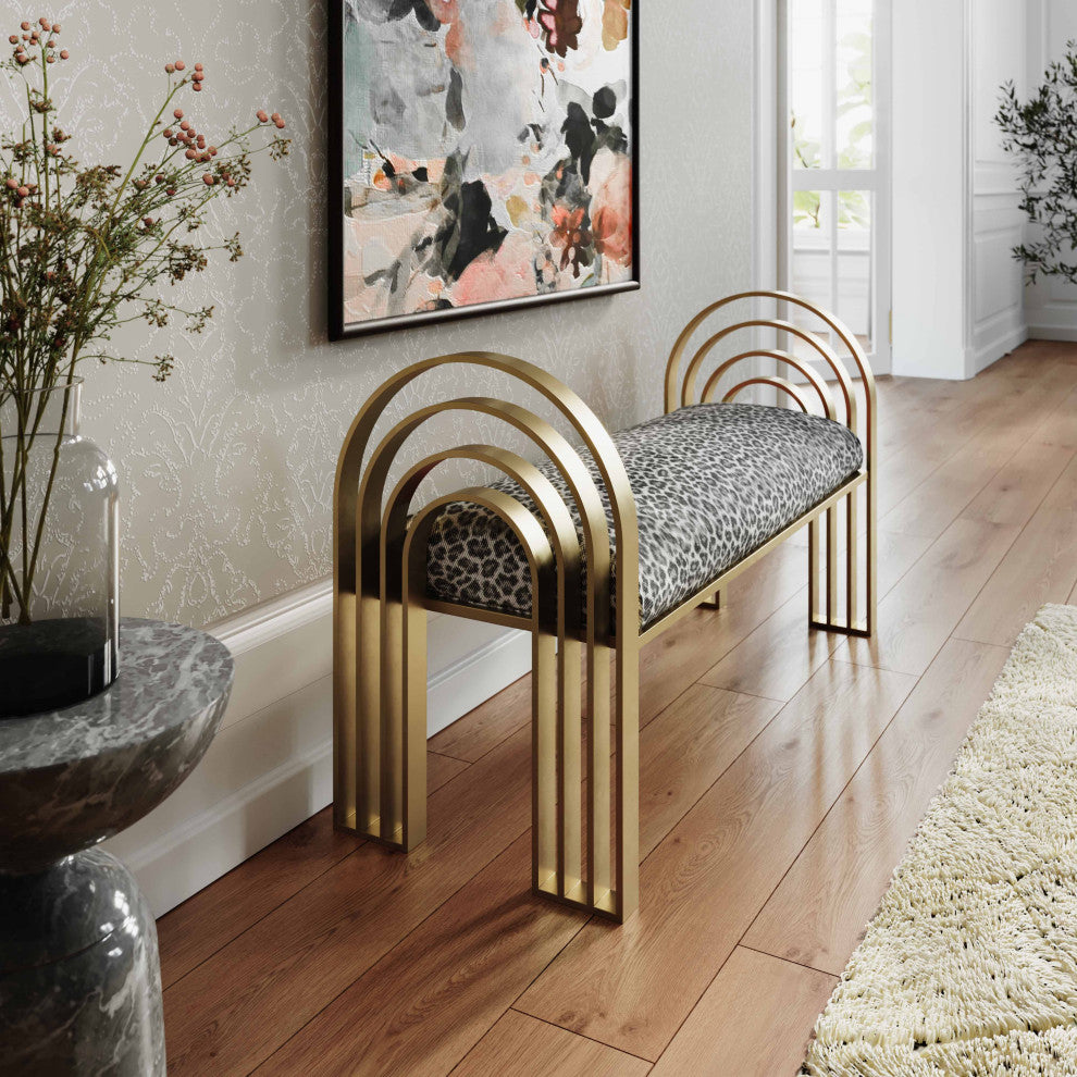 Mavis Velvet Bench, Art Deco Entryway Bench, Glam Luxe Gold Bed Bench, Leopard