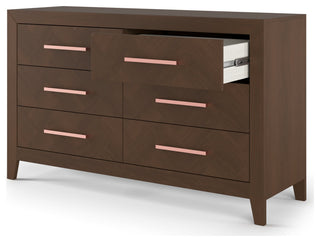 Modern Double Dresser, 6 Drawers With Soft Herringbone Pattern, Toasted Chestnut