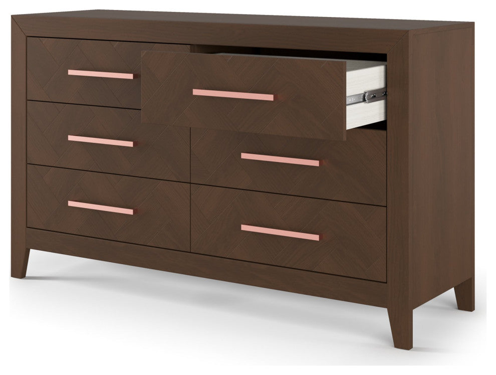 Modern Double Dresser, 6 Drawers With Soft Herringbone Pattern, Toasted Chestnut