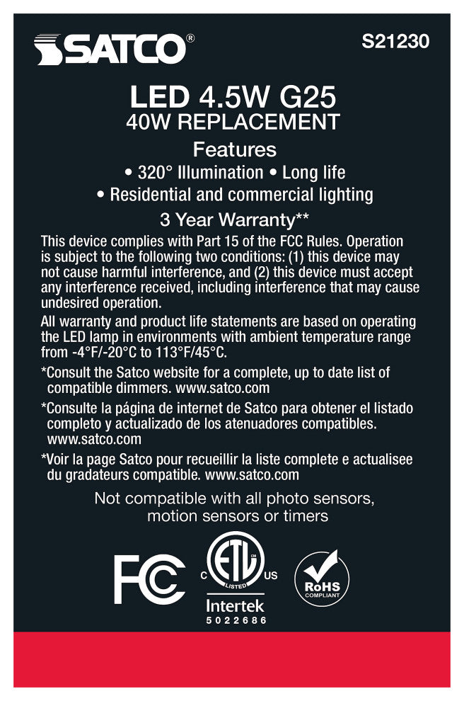 4.5W G25 LED, White, Medium Base, 90 CRI, 2700K, 120V