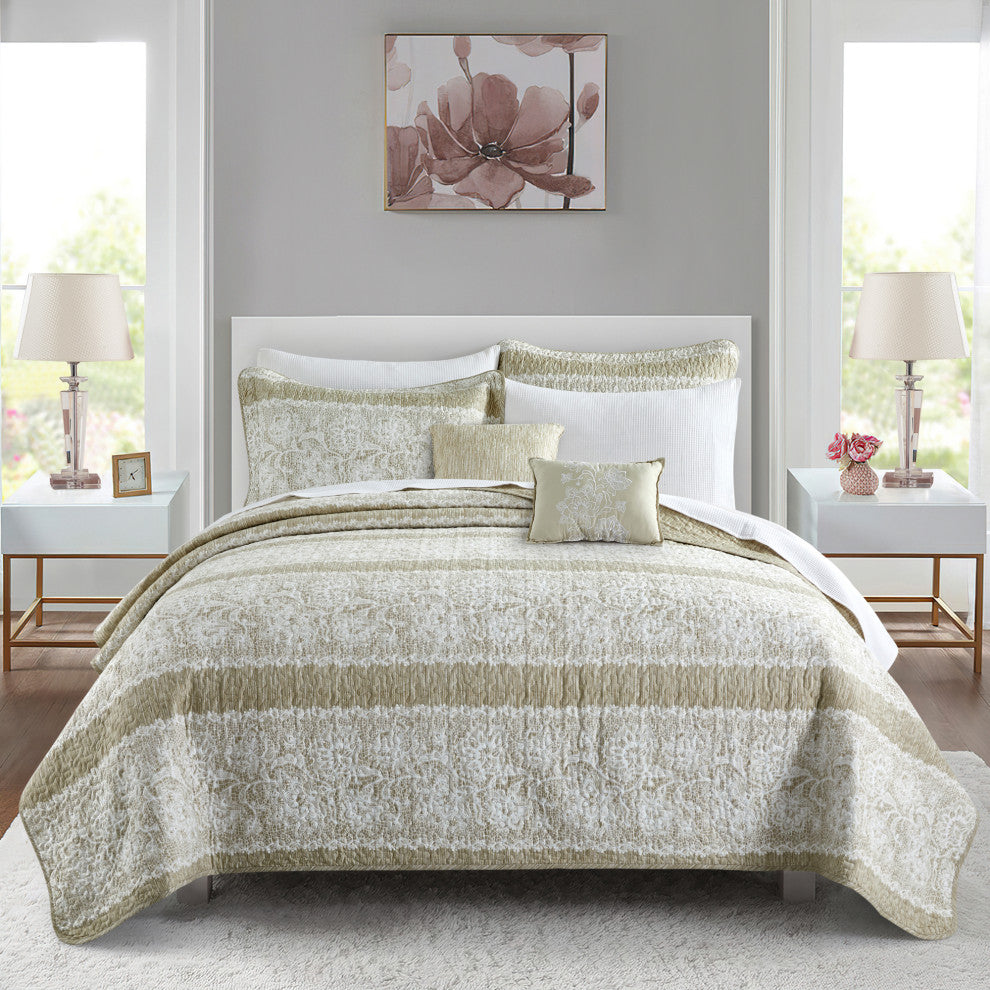 Emma Quilt 5 Piece Sets, Taupe, King 102" X 90"