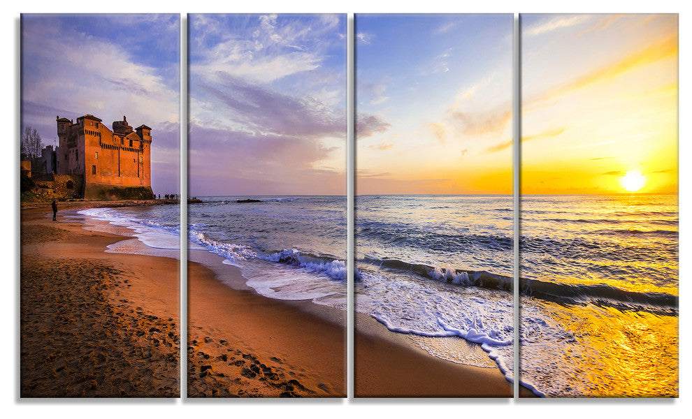 "Castle Santa Severa Over Sunset Italy" Seascape Wall Art, 4 Panels, 48"x28"
