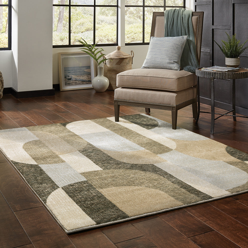 Sadie Art Deco Curved Layers Area Rug, Brown/Beige, 6'7"x9'6"