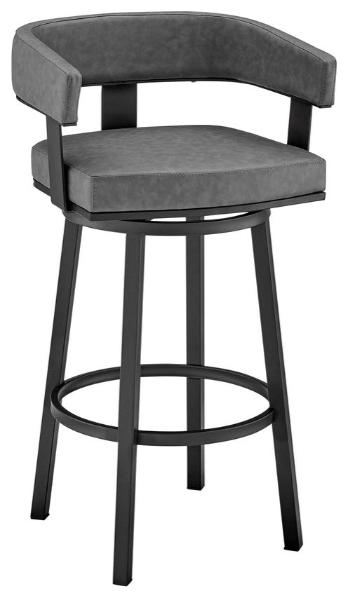 34" Gray Faux Leather And Iron Swivel Low Back Counter Height Bar Chair