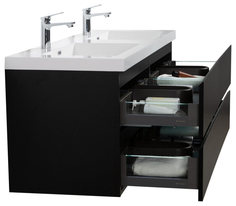 Aurora Wall Mount Vanity, White Acrylic Top, Matte Midnight Black, 60" Double