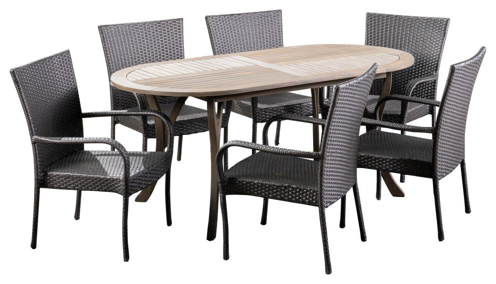 GDF Studio 7-Piece Ford Outdoor Wood and Wicker Dining Set, Gray Finish/Gray