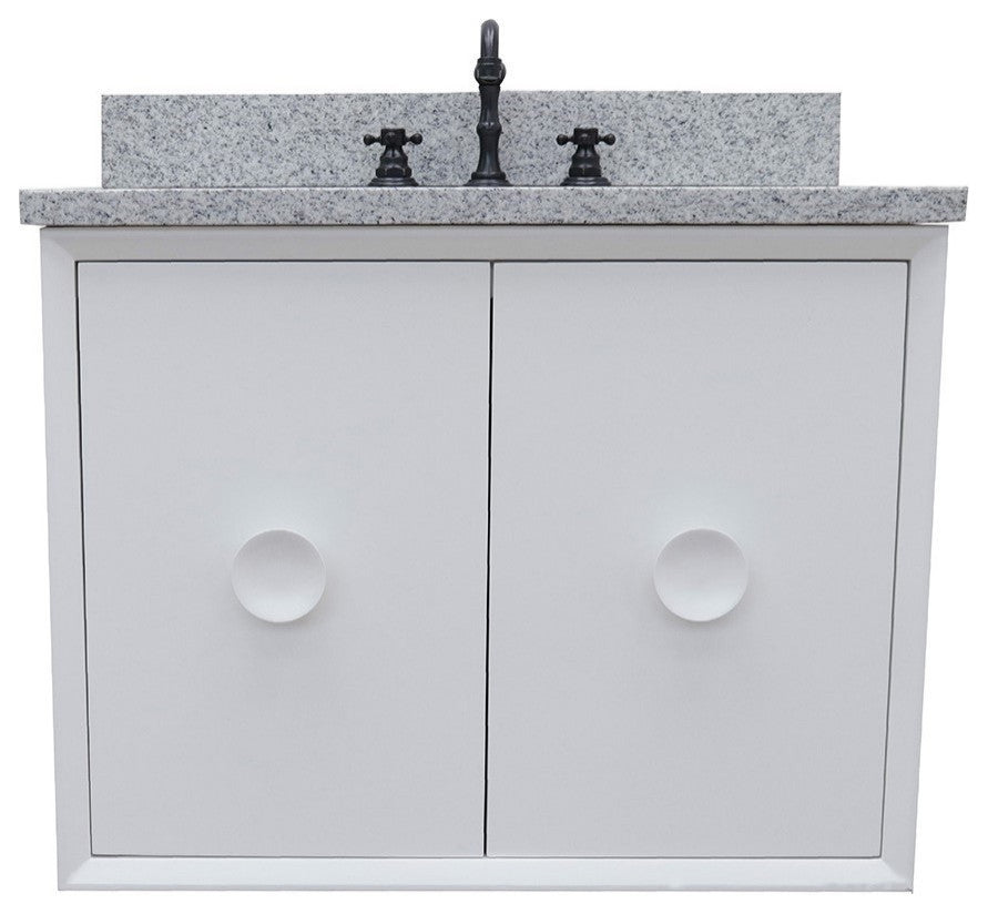 31" Single Wall Mount Vanity, White Finish With Gray Granite Top