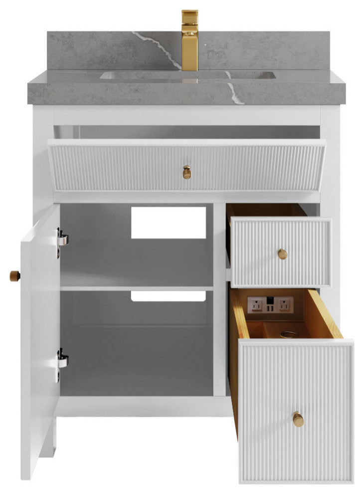 Sonoma 30 Single Sink Reeded Bath Vanity in White 2" Piatra Gray