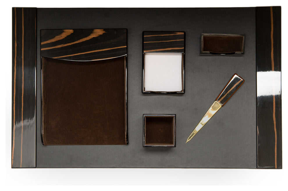 6-Piece "Ebony" Wood and Black Leather Desk Set