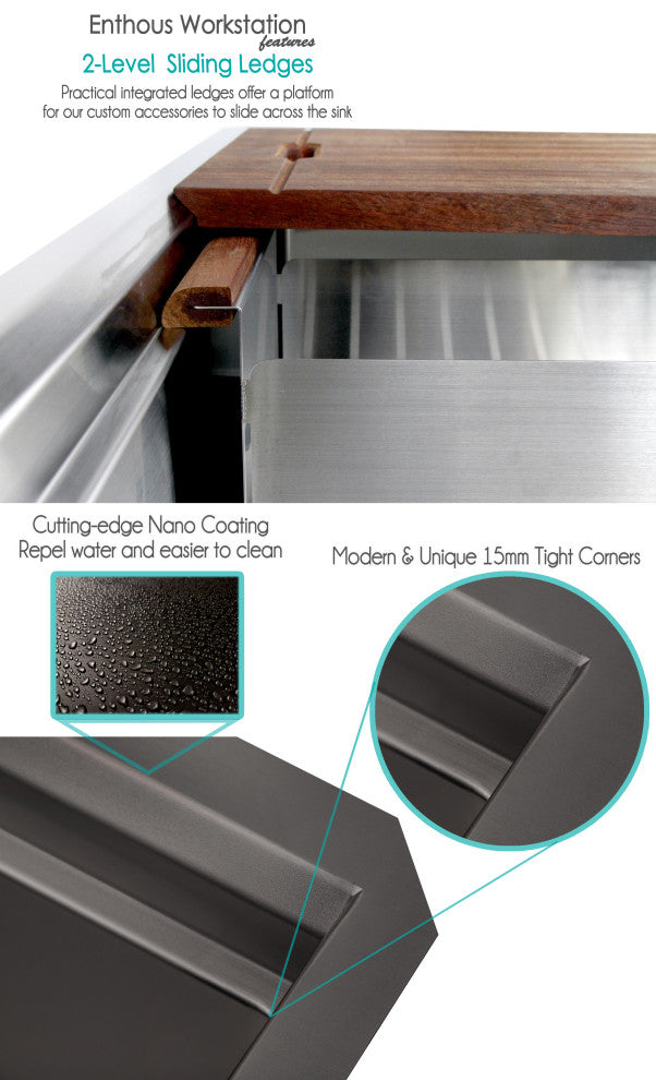 Workstation 42" Undermount Single Bowl Black Kitchen Sink With Faucet