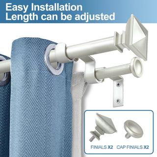 Square Urn Adjustable Double Curtain Rod Set, 5/8", Pewter, 28"-48"