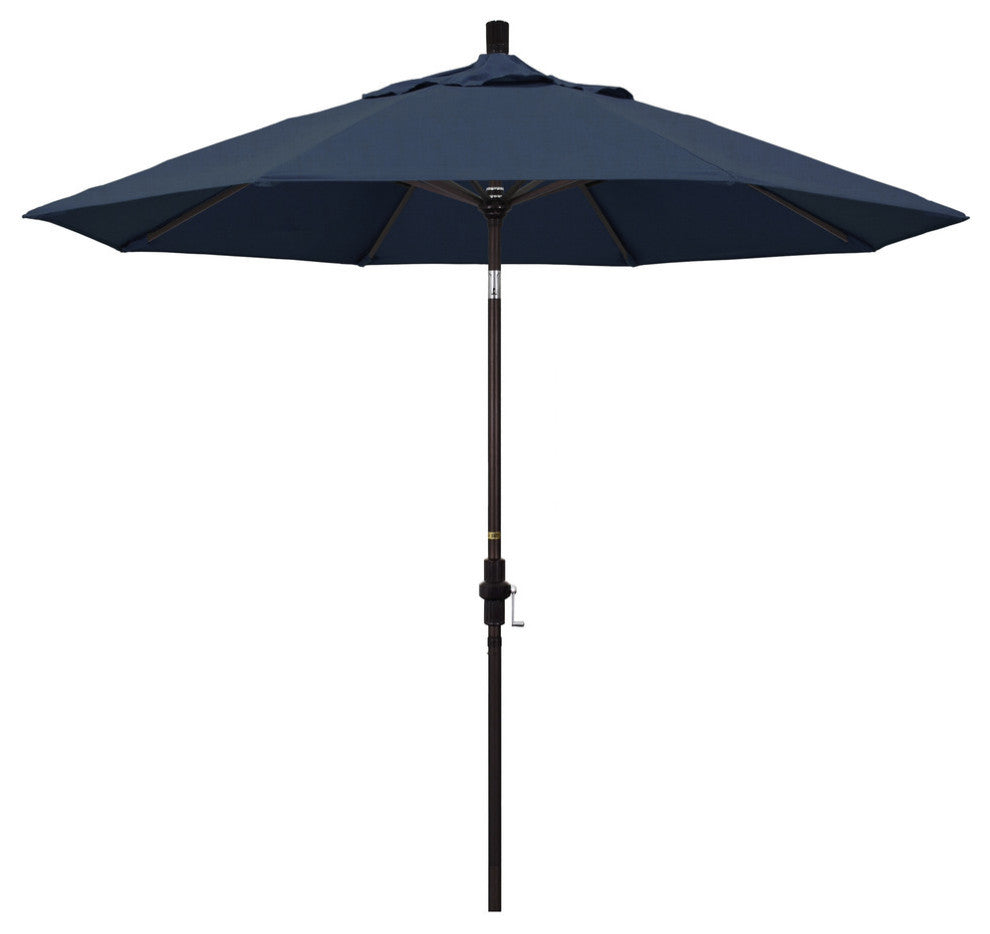 9' Bronze Collar Tilt Crank Lift Aluminum Umbrella, Sunbrella, Spectrum Indigo