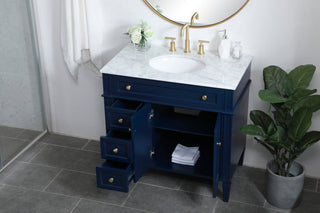 Home Living Vanity with Carrara White Marble Countertop, Blue, 36", Single Sink