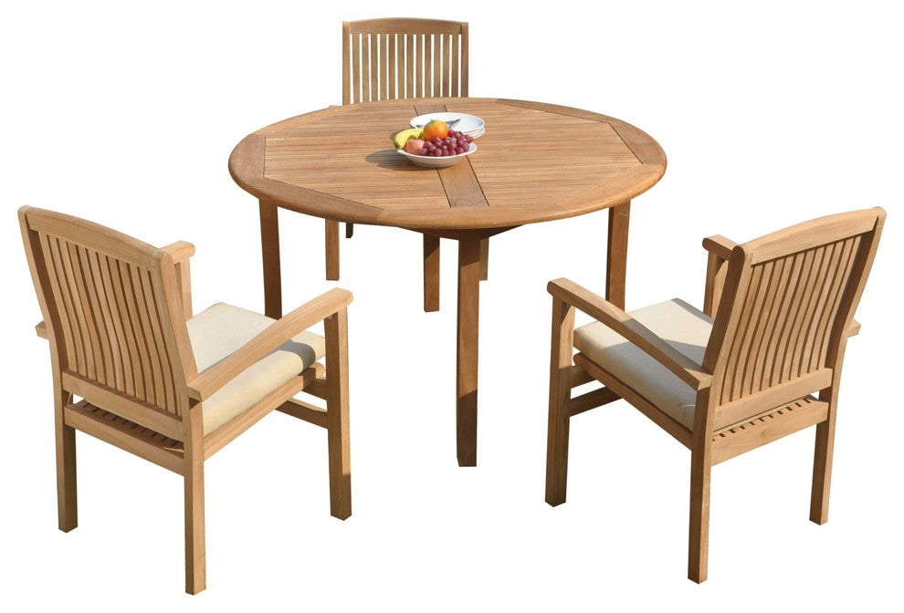 4-Piece Outdoor Teak Dining Set: 52" Round Table, 3 Wave Stacking Arm Chairs