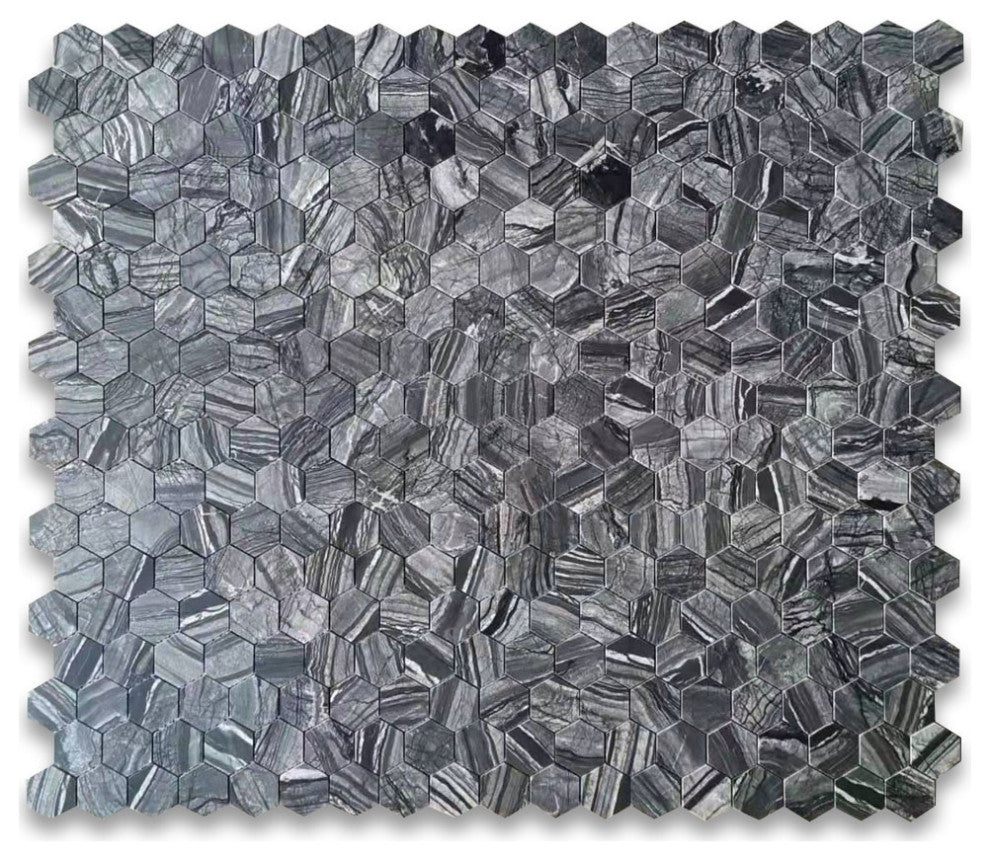 Silver Wave Black Forest Marble 2 Hexagon Mosaic Wall Floor Tile Honed, 1 sheet