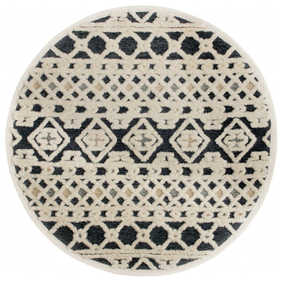 6' Blue And Ivory Round Wool Hand Tufted Area Rug