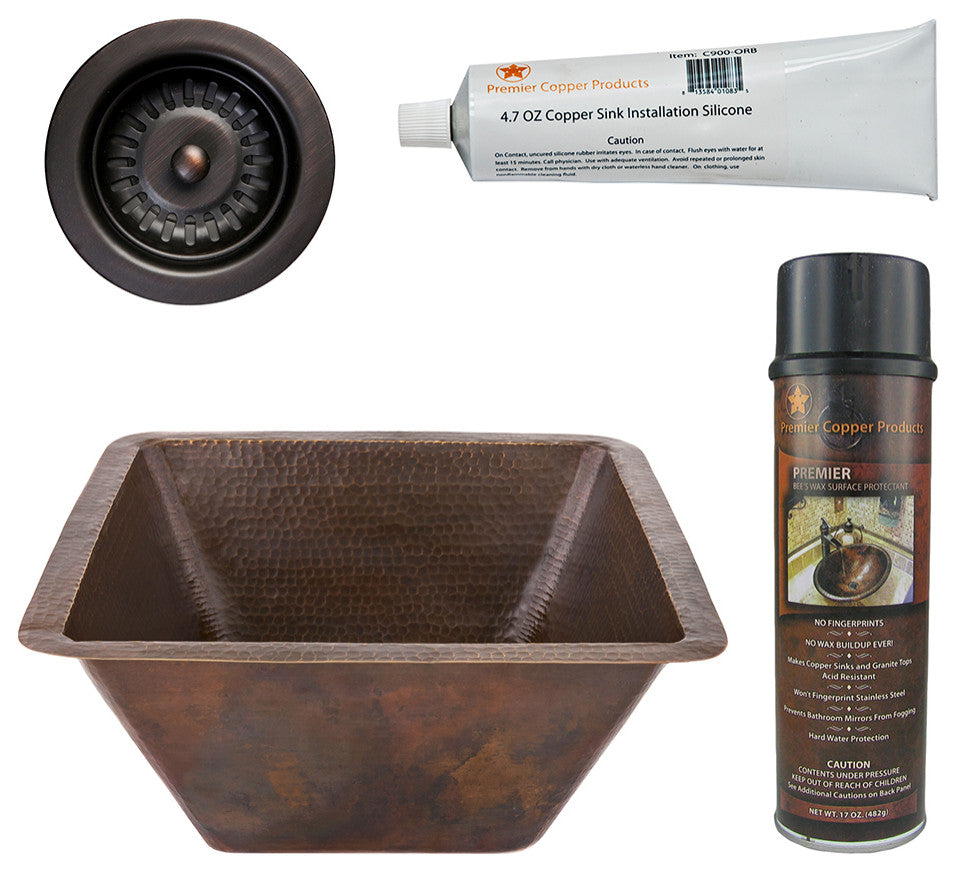 17" Large Square Hammered Copper Bar/Prep Sink, Drain & Accessories