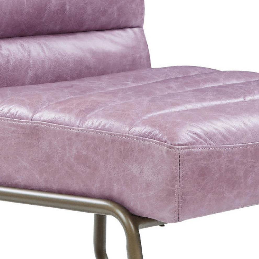 Benzara BM275479 Grain Leather Accent Chair, Metal Frame, Tufted Channel, Purple
