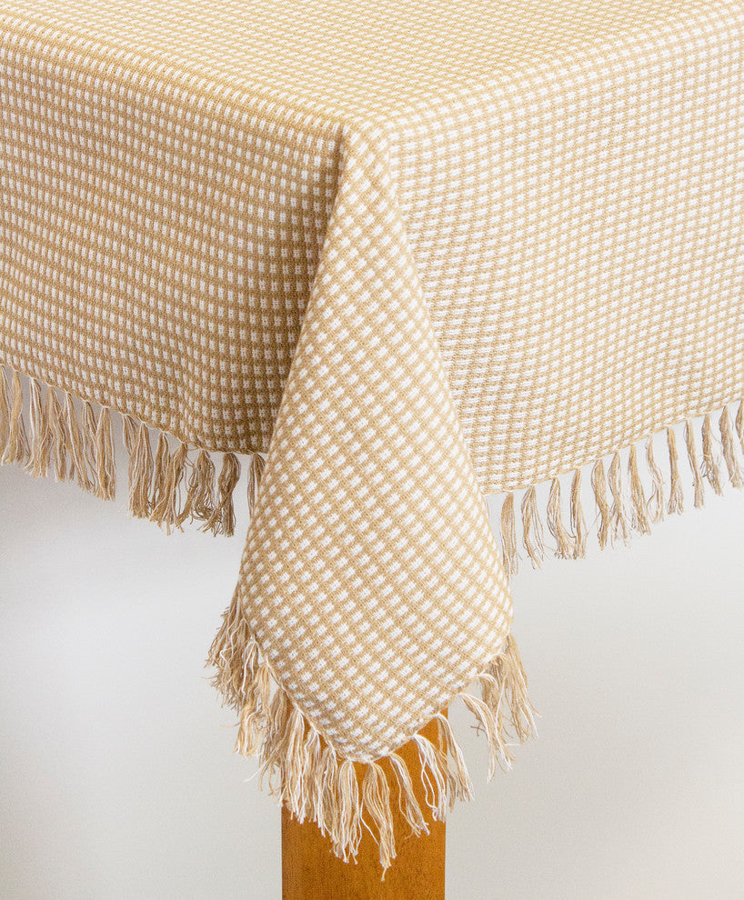 Homespun Fringed 100% Cotton Tablecloth, Ecru, 70" Round