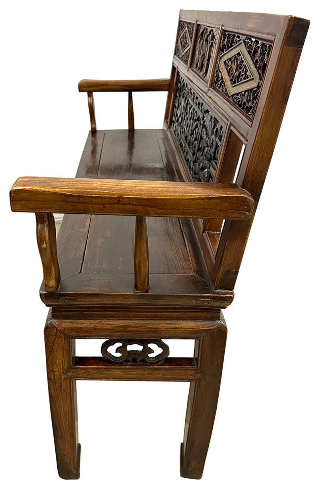 Consigned Late 19th Century Chinese Carved Hall Bench, Love Seat