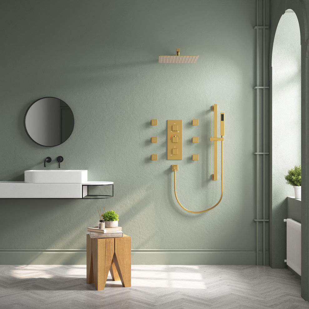 Thermostatic Shower Faucet 12" Rain Shower Head with Handheld Slide Bar System, Brushed Gold