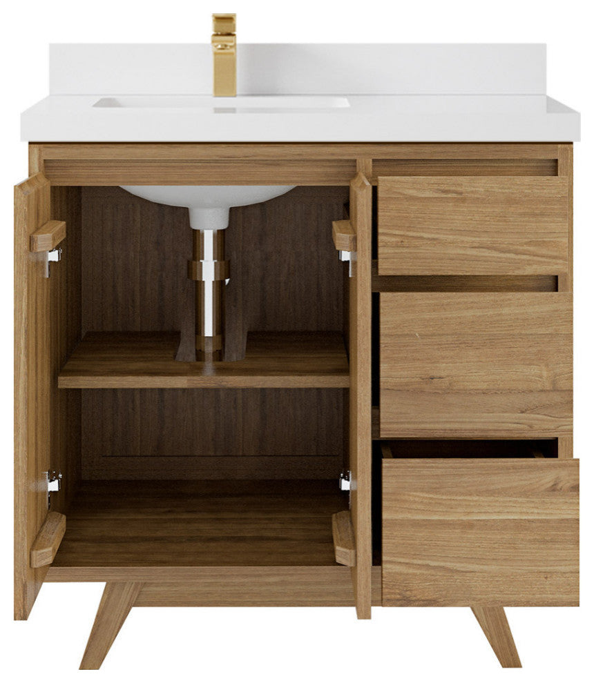 Madison  Teak 36 Left Offset Bath Vanity Golden Teak 2" White Quartz