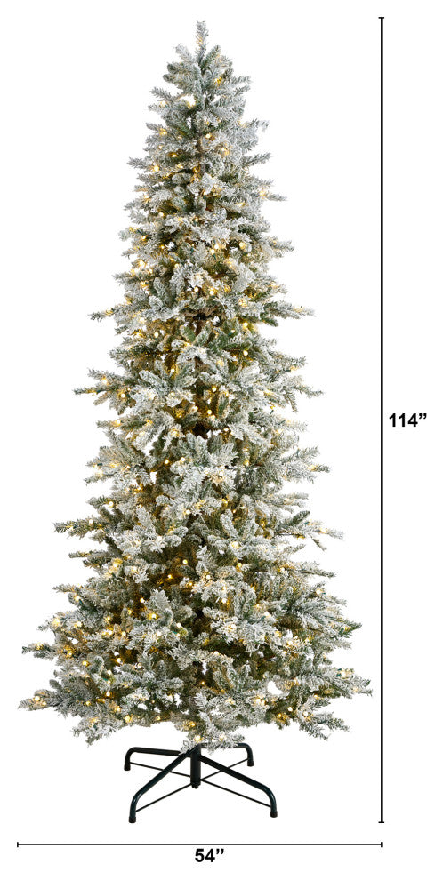 9.5' Slim Flocked Nova Scotia Spruce Faux Xmas Tree W/Lights & Bendable Branches