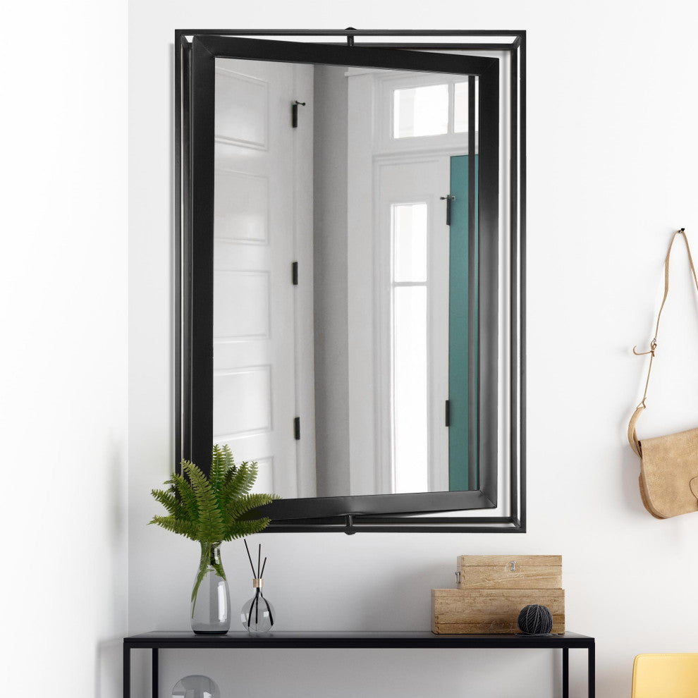 Black Rectangular Metal Framed Swivel Floating Wall Mirror