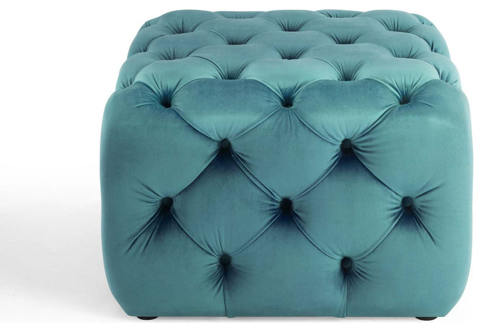 Tufted Accent Chair Ottoman, Square, Velvet, Blue, Modern, Lounge Hospitality