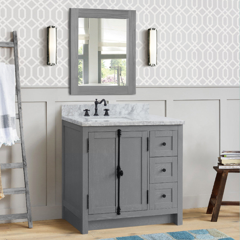 37" Vanity, Gray Ash With White Carrara Top, Left Doors/Left Rectangle Sink