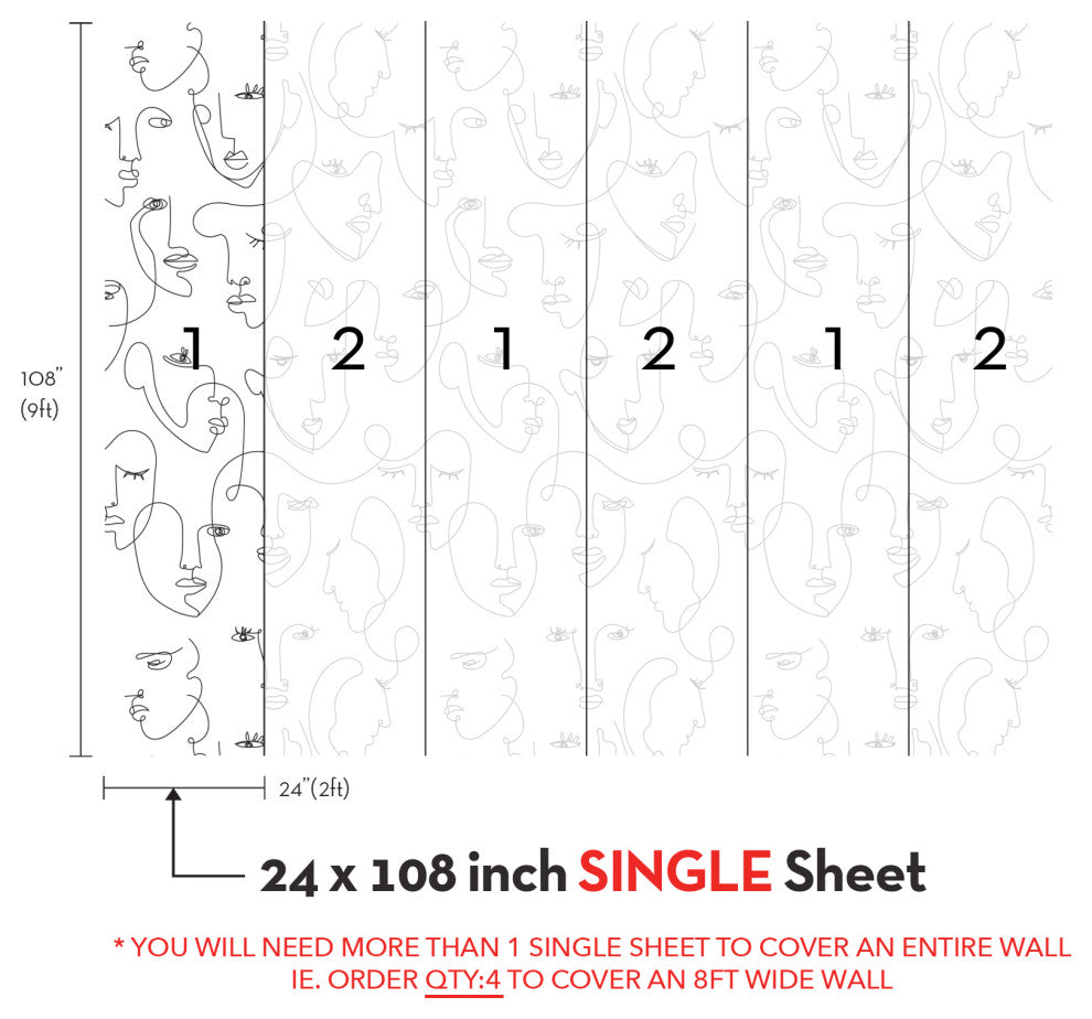 Minimalist Face Line Art Mural Peel and Stick Vinyl Wallpaper, Black, 24x108