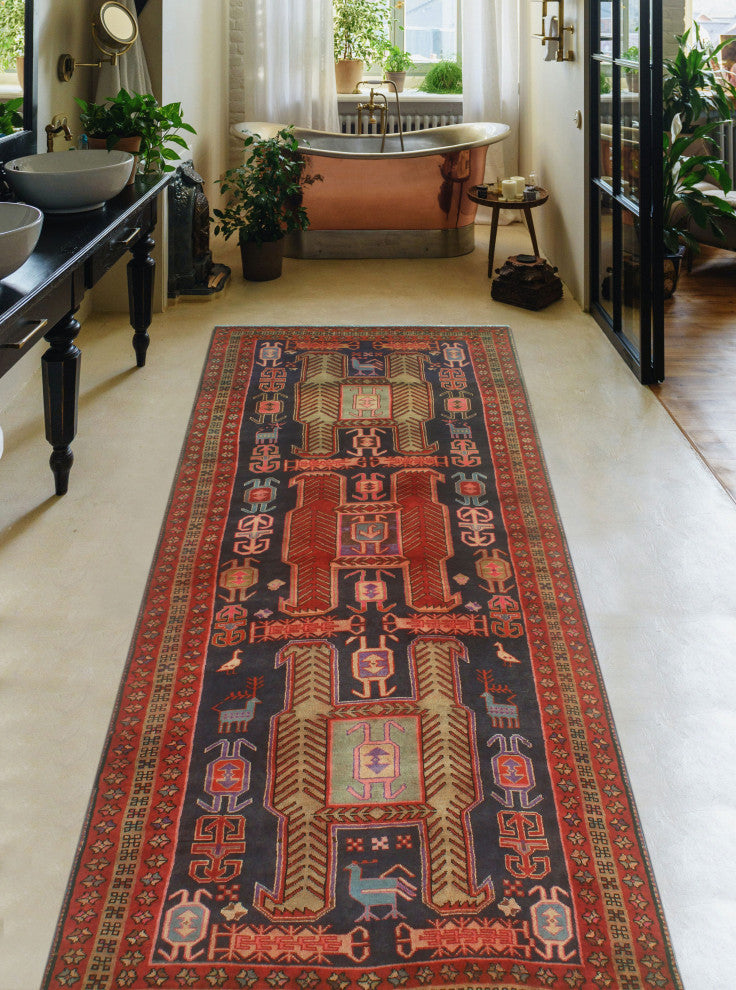 Fine Vintage Distressed Sinai Navy/Red Runner, 4'2x10'2