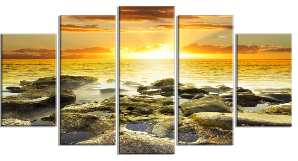 Beautiful Orange Sundown Beach, Seashore Canvas Art Print, 60"x32", 5 Panels