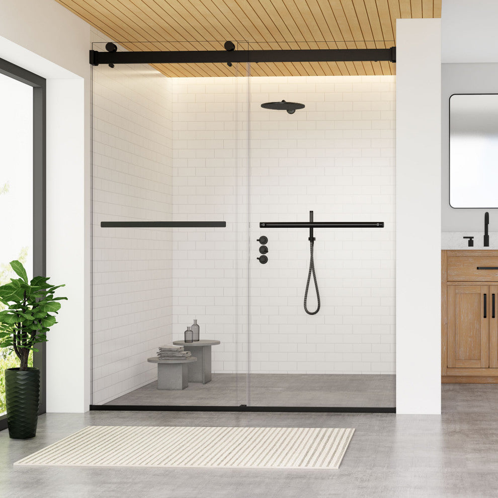 Marcelo By Pass Frameless Shower Door, Clear Glass, Matte Black, 64"wx76"h