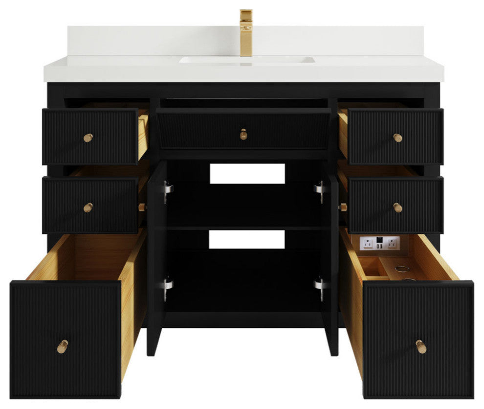 Sonoma 48 Single Sink Reeded Bath Vanity in Black 2" White Quartz