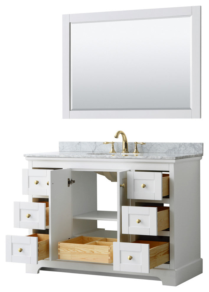 48" Single Bath Vanity, White, Carrara Countertop, Sink, 46" Mirror, Gold Trim