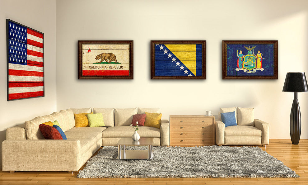 Bosnia Country Textured Flag Print With Brown Gold Frame, 19"X27"