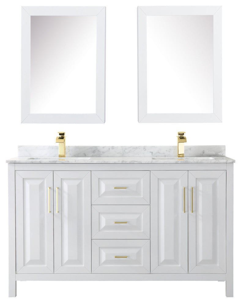 60"DBL Bathroom Vanity White, Carrara Countertop, Sinks, Med.Cabinets, Gold Trim