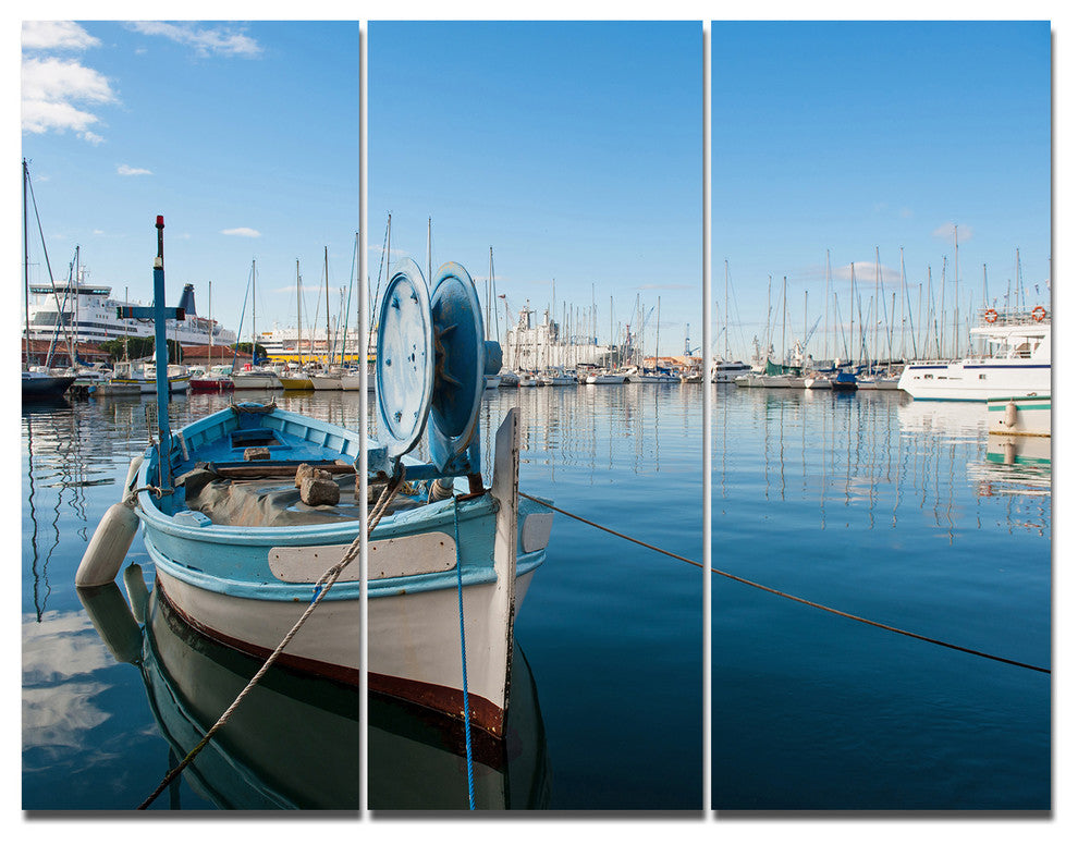 Yachts in Toulon Port France, Boat Triptych Canvas Art Print, 36x28, 3 Panels